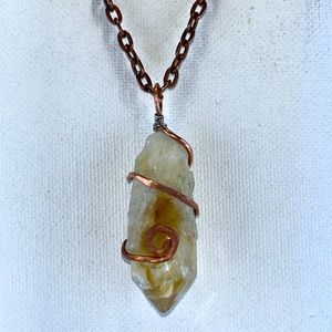 Handmade Genuine Citrine Crystal Point Hammered Copper Necklace Unisex Boho